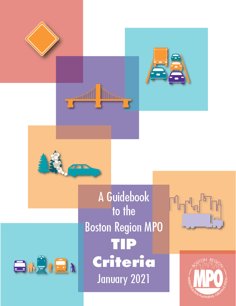 This image is the cover of A Guidebook to the Boston Region MPO TIP Criteria, January 2021. It has multicolore boxes and illustrative icons.